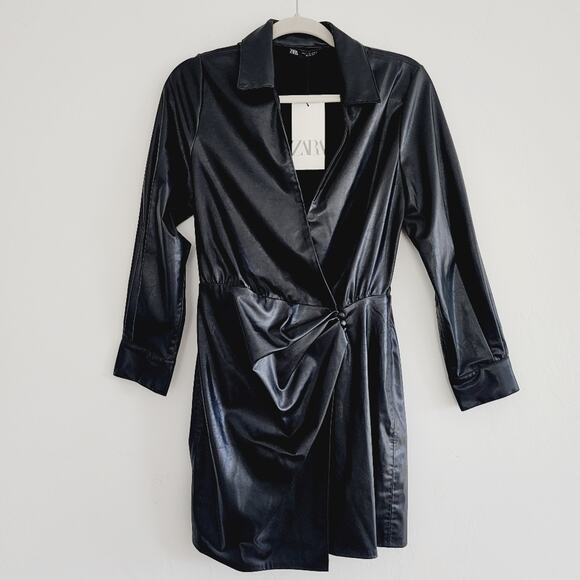 Zara Black Faux Leather Dress Faux Wrap Shirt Dress Lapel Collar Size Small - Picture 3 of 8